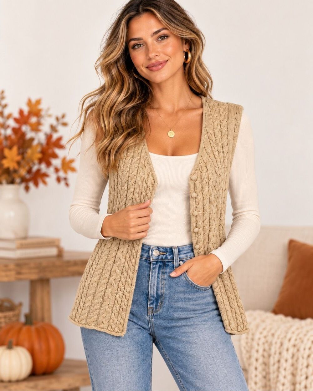Industry Women’s Beige Cable Knit Button Front Sweater Vest Large 100% Cotton
